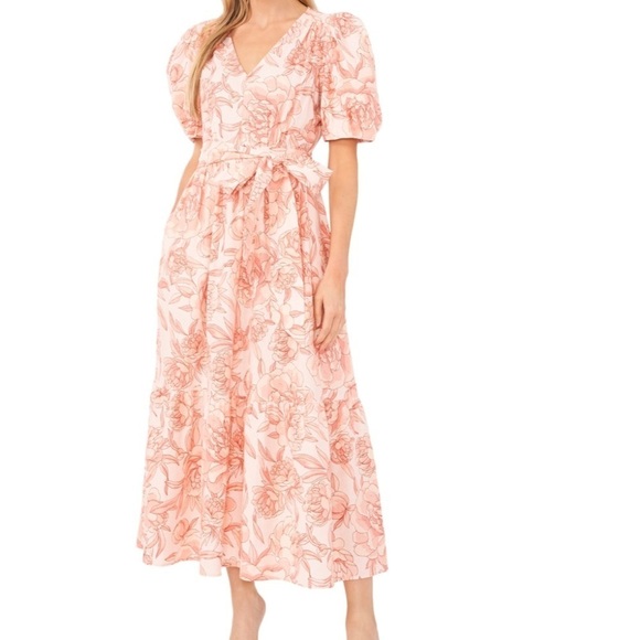 CeCe Linen Blend Puff Sleeve Floral Maxi Dress Peach Pink Garden Print S - Picture 8 of 12